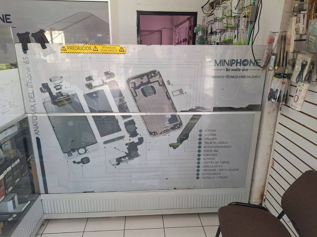 Mural con la anatomía del iPhone 6S en el mostrador de Miniphone